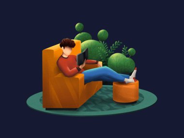 Çocuk dinleniyor ve kanepede kitap okuyor.