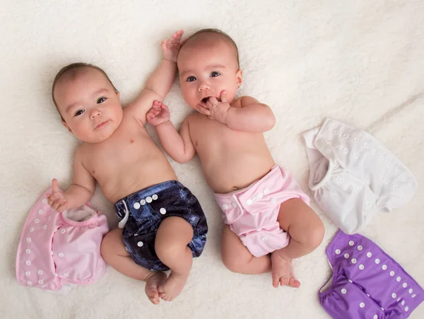 Baby Twins Girls Cloth Diaper Bed — Stock Photo, Image