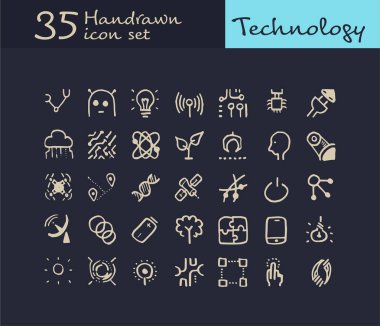 35 çizilmiş teknoloji simge ver. Doodle teknoloji simgesi. Il vektör
