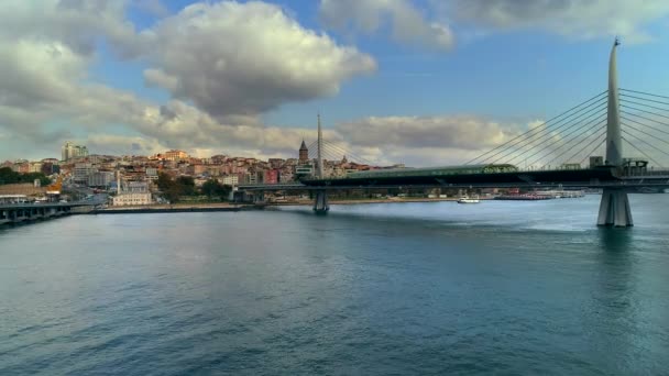Aerial View Tram Bridge Golden Horn Istanbul Turkey — Stock Video
