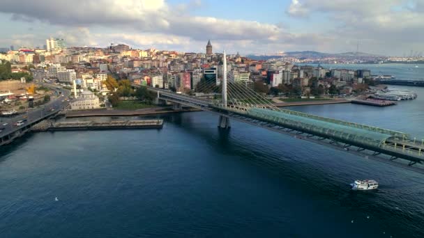 Tram Bridge Golden Horn Istanbul Luchtfoto — Stockvideo