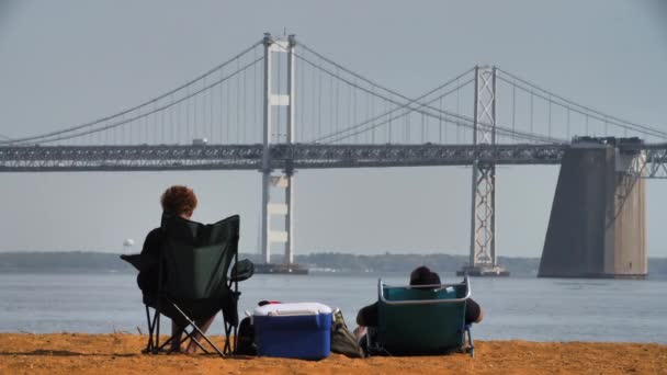 Vecchia Coppia Godendo Spiaggia Sabbia Sulla Baia Chesapeake — Video Stock