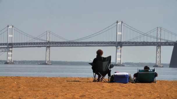 チェサピーク湾のサンディビーチでリラックスしているカップル — ストック動画