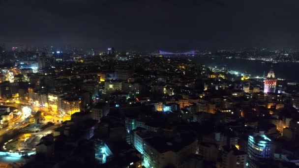Geceleri Galata Stanbul Boğazı Nın Havadan Görünümü — Stok video