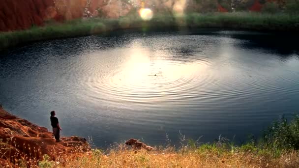 Shaman Water Meditation Ceremony Man Standing Lake Chanting Praying Water — Stock Video