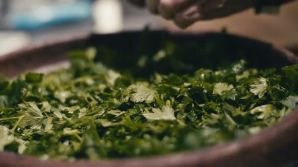 Primo piano della donna che prepara il cibo a base di prezzemolo su un piatto d'argilla — Video Stock