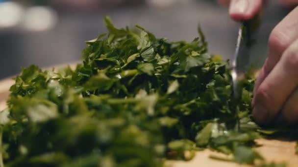 Domácí vaření zblízka ženy krájení petržel — Stock video