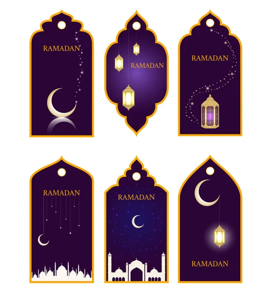 Рамадан Векторные Нагрудные Знаки Светящимися Фонарями Мечетью Блестящим Полумесяцем Звездами — стоковый вектор