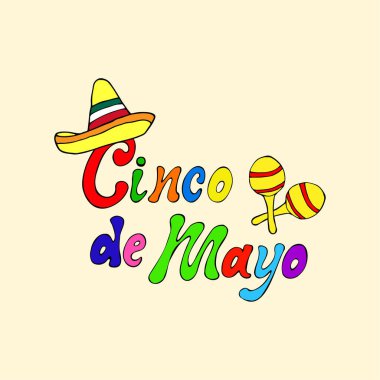 Cinco de mayonez rengarenk el yazısıyla yazılmış yazı dizaynı, çizgi film karalamaları sombrero ve maracas. Meksika bayram tebrik kartı, poster, fiesta, parti, pankart için vektör stoku çizimi.