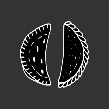 Empanada - Meksika geleneksel yemekleri. Fast food. El çizimi karalama. Menü, poster, web ve paket tasarımı için vektör illüstrasyonu. Gri arkaplanda izole.