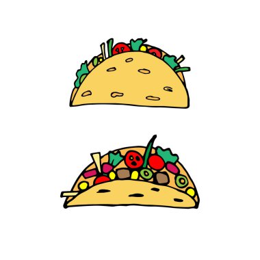 Taco - Meksika geleneksel yemekleri. Fast food. El çizimi karalama. Menü, poster, web ve paket tasarımı için vektör rengi çizimi. Beyaz arkaplanda izole.