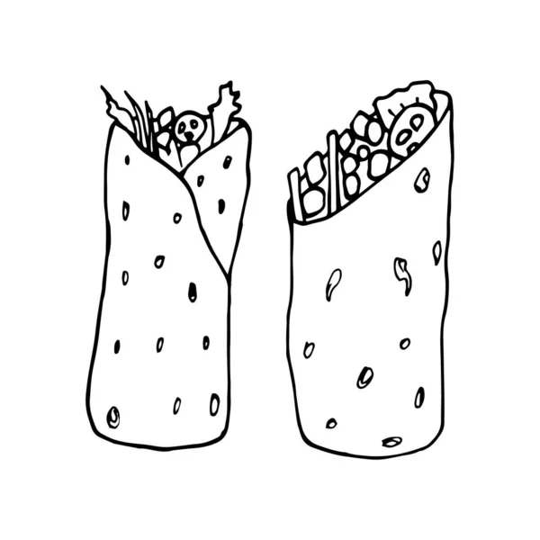 Burrito - Meksika geleneksel yemekleri. Fast food. El çizimi karalama. Menü, poster, web ve paket tasarımı için vektör şeffaf illüstrasyon. Beyaz arkaplanda izole.