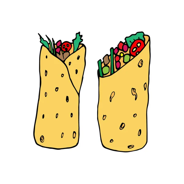 Burrito Comida Tradicional Mexicana Comida Rápida Esboço Desenhado Mão Ilustração — Vetor de Stock