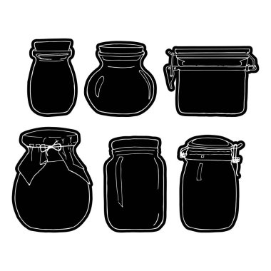 Beyaz el çizilmiş kavanoz etiketi seti. Contour eskizi. Çizgi film mutfak objeleri karalama stili çiziyor. Vektör illüstrasyonu beyaz arkaplanda izole edildi.