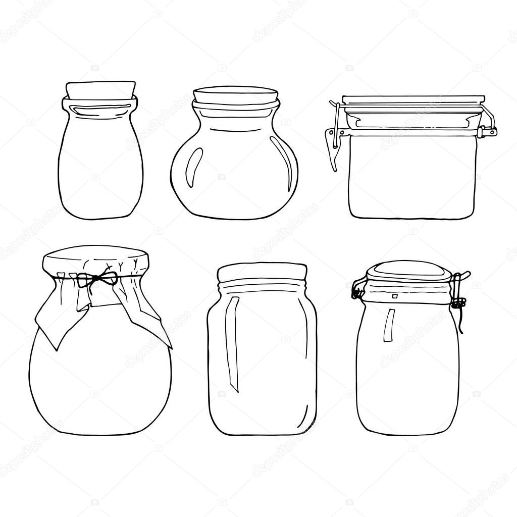 Hand drawn jar set. Contour sketch. Kitchen objects doodle style. Vector illustration isolated on white background. Alchemy and vintage.