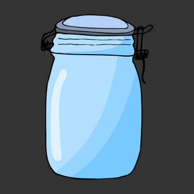 Renkli el çizimi kavanoz. Contour eskizi. Çizgi film mutfak nesneleri karalama stili. Vektör illüstrasyonu koyu arkaplanda izole edildi. Simya ve bağbozumu.