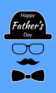 Açık mavi arka planda şapkalı, gözlüklü, kravatlı ve bıyıklı tebrik kartı için mutlu babalar günü komik vektör çizimleri. Kartlar, posterler, yamalar, baskılar, afişler, el ilanları ve diğer şeyler için dekorasyon.