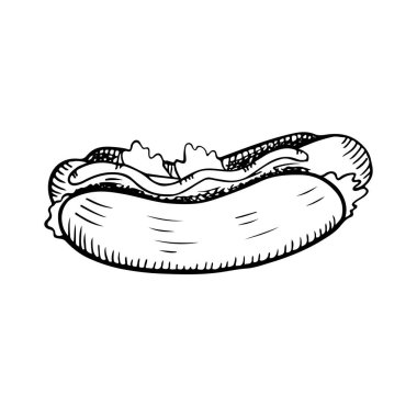 Sosisli sandviç tarzı doodle çizilmiş resmi el, kroki. 