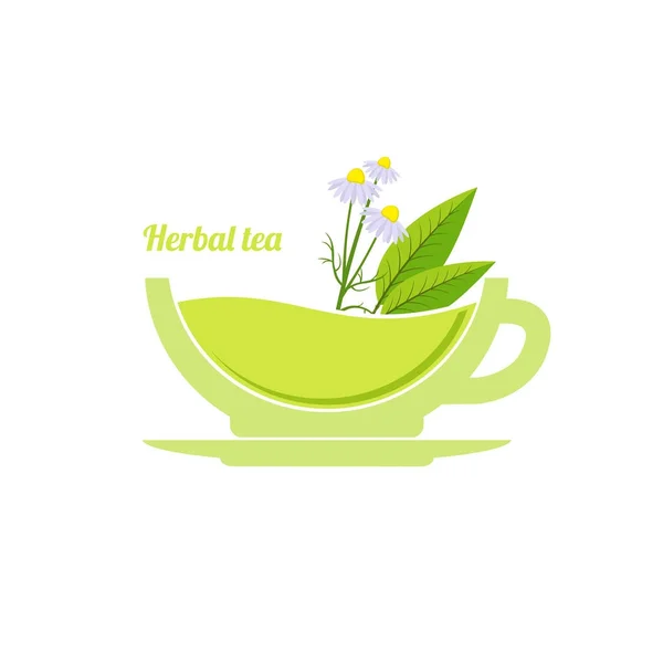 Taza de té de hierbas con hojas y manzanilla. Logo, emblema, icono — Archivo Imágenes Vectoriales