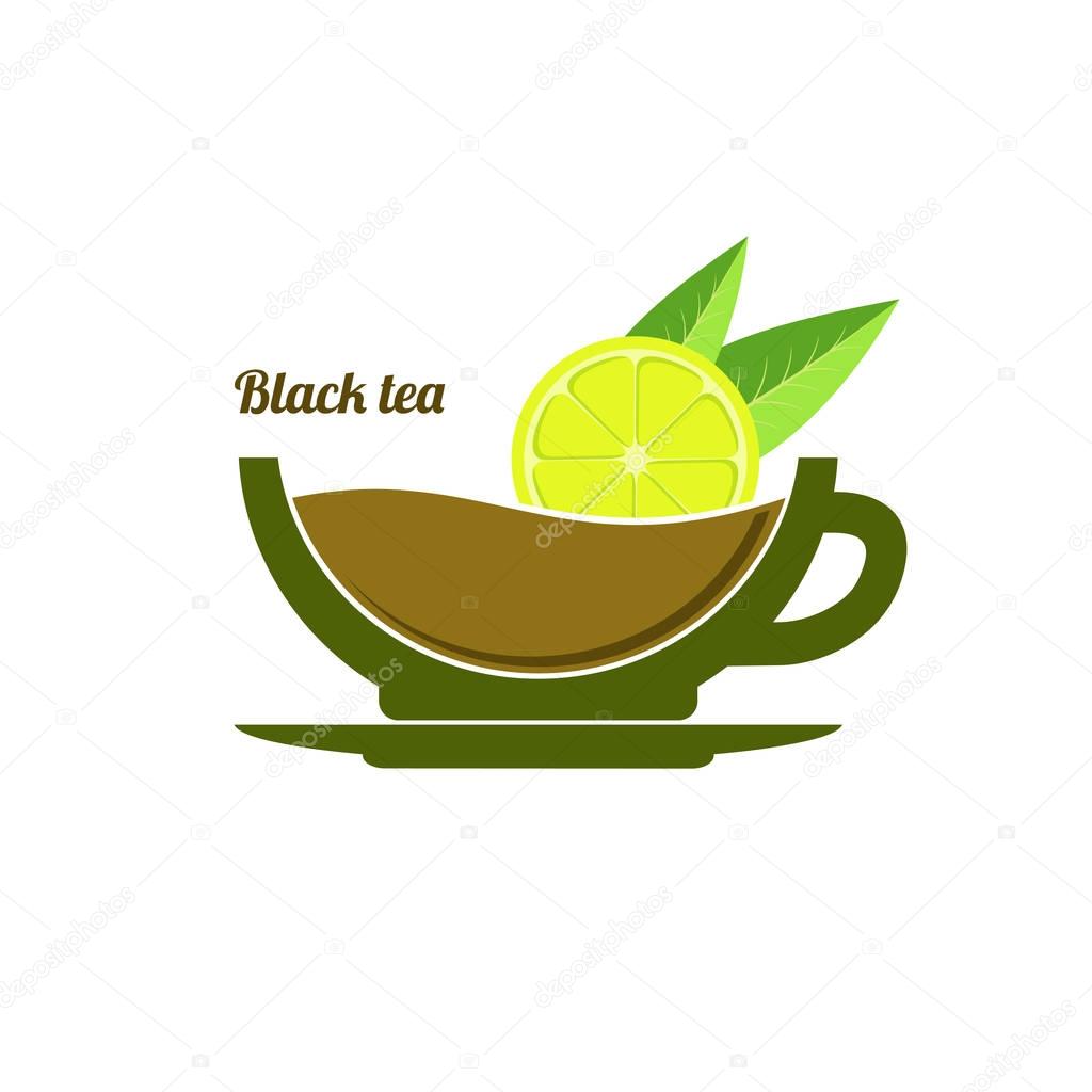 Cup of black tea leaves and lemon. Logo, emblem, icon in flat style. Vector illustration