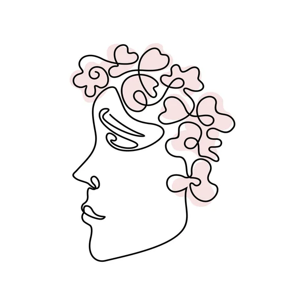 Continuous Line Girl Profile Face Minimalist Style Pink Flowers Spots — Stock Vector