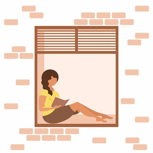 Окно Читающей Девушкой Изоляции Карантине — стоковый вектор