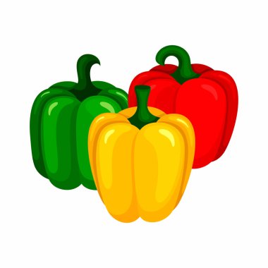 Beyaz arka planda izole edilmiş düz stil renkli dolmalık biber seti. 