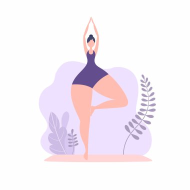 Yoga yapan bir kız. Web şablonları için çizgi film moda karakteri.