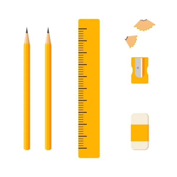 Set School Supplies Pencil Ruler Sharpener Eraser — Stock Vector