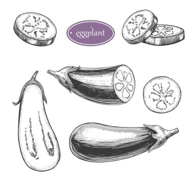 El yapımı patlıcan koleksiyonu: patlıcan dolu, bir dilim patlıcan çizimi. Ambalaj kağıdı, sokak festivali, çiftçi pazarı, ülke fuarı, dükkan, menü, kafe, restoran için.