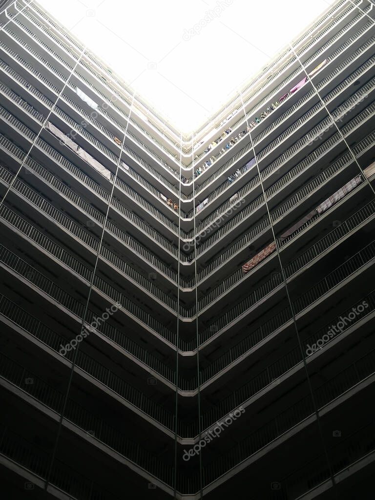Abstract High Angle View of a Dystopian Building Atrium with Defined Lines and Dark Shadows, Hong Kong