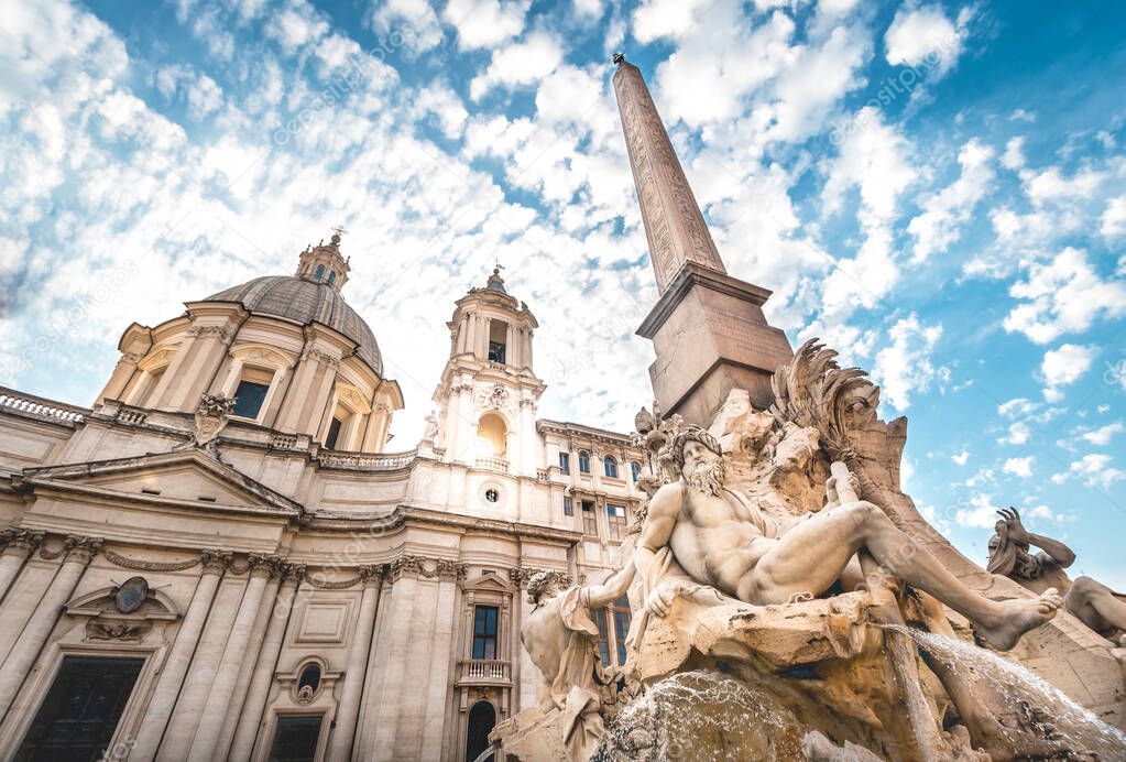 Baroque Marble Fountain in Piazza Navona under Summer Sun and Blue Sky, Rome, Italy
