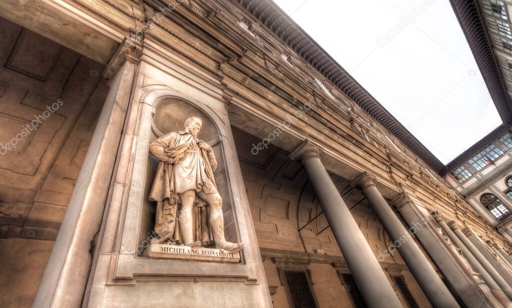 Panoramic View of the Scenic Uffizi Gallery with statue of Artist, Michelangelo, Florence, Italy