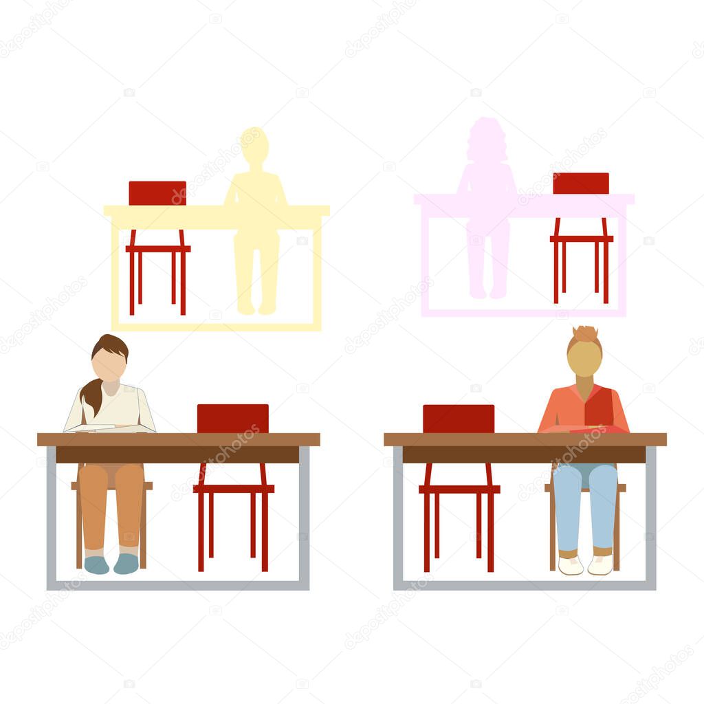 Classmates sitting in accordance with social distance on white isolated background, vector illustration for posters, booklets, concept of Keeping Distance, School Rules and Institutions.