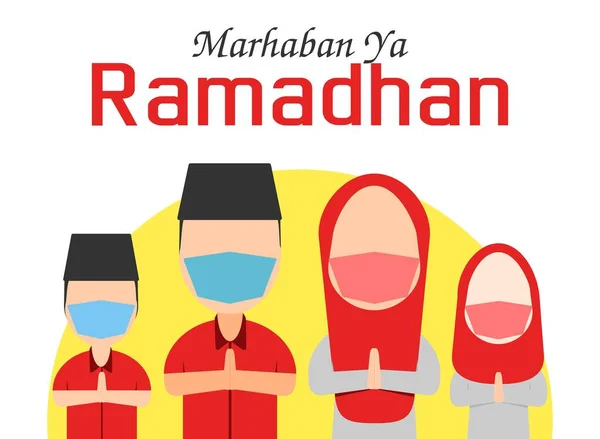 Flache Illustration Vektorgrafik Von Familie Sagen Willkommen Ramadhan Maske Gut — Stockvektor