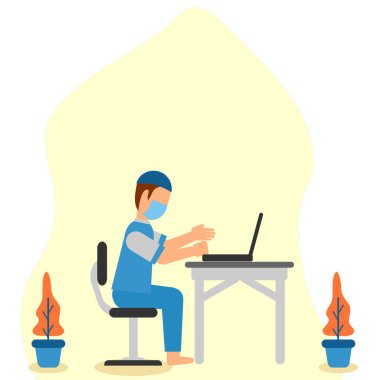 Ramazan ayı boyunca evde çalışan ve terfi için iyi bir maske takan bir adamın düz çizim vektörü Ramazan ayını karşılıyor. düz dizayn. Sağlık hizmetleri reklamları.