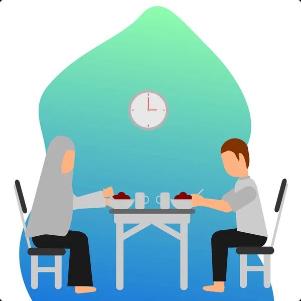 Flat Illustration Vector Graphic Couple Eat Sahur Good Ramadan Needs — Stock Vector