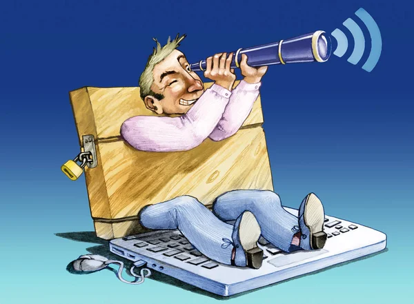 Der Computer sperrte einen Mann mit dem Fernrohr ein, der weit weg vom Internet sah — Stockbild Internet-Gefängnis und Freiheit — Stockfoto