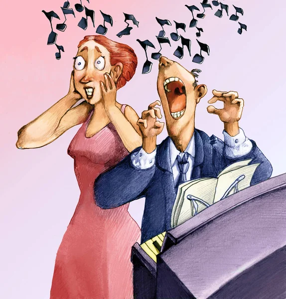 Ein Mann spielt Klavier und singt singend, während er verkümmert, während eine Frau in den Ohren bleibt — Stockbild Bekifft id ein Drama für Musik — Stockfoto