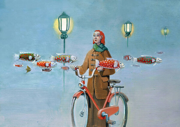 foggy morning on girl bycicle in park