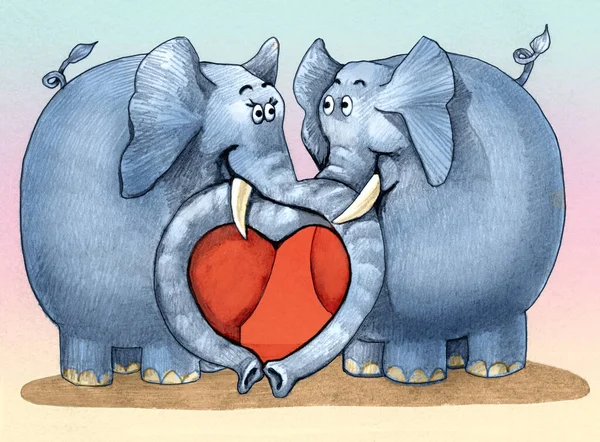 Éléphants amoureux illustration au crayon humoristique — Photo