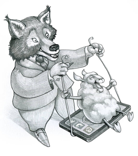 Черно-белый концептуальный юмористический рисунок
