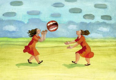 two women play volleyball with a big mouth theme feedback in communication clipart