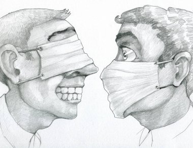 Birinin ağzında ve burnunda maske, diğerinin gözlerinde maske vardı. Yanlış önleme kavramı kalem çizimi.