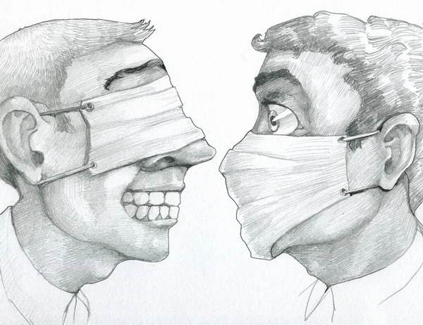 two faces in profile one one with mask over the mouth and nose the other with mask over the eyes wrong prevention concept pencil illustration