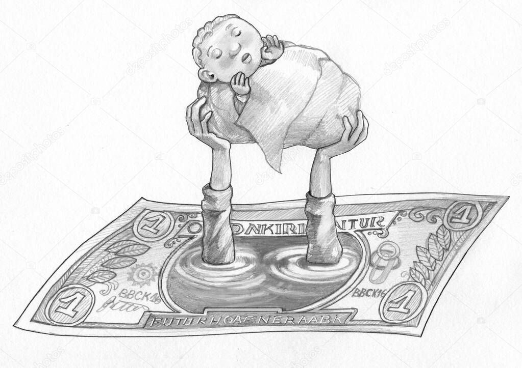 two arms emerge from a center of a banknote holding a newborn baby in despair