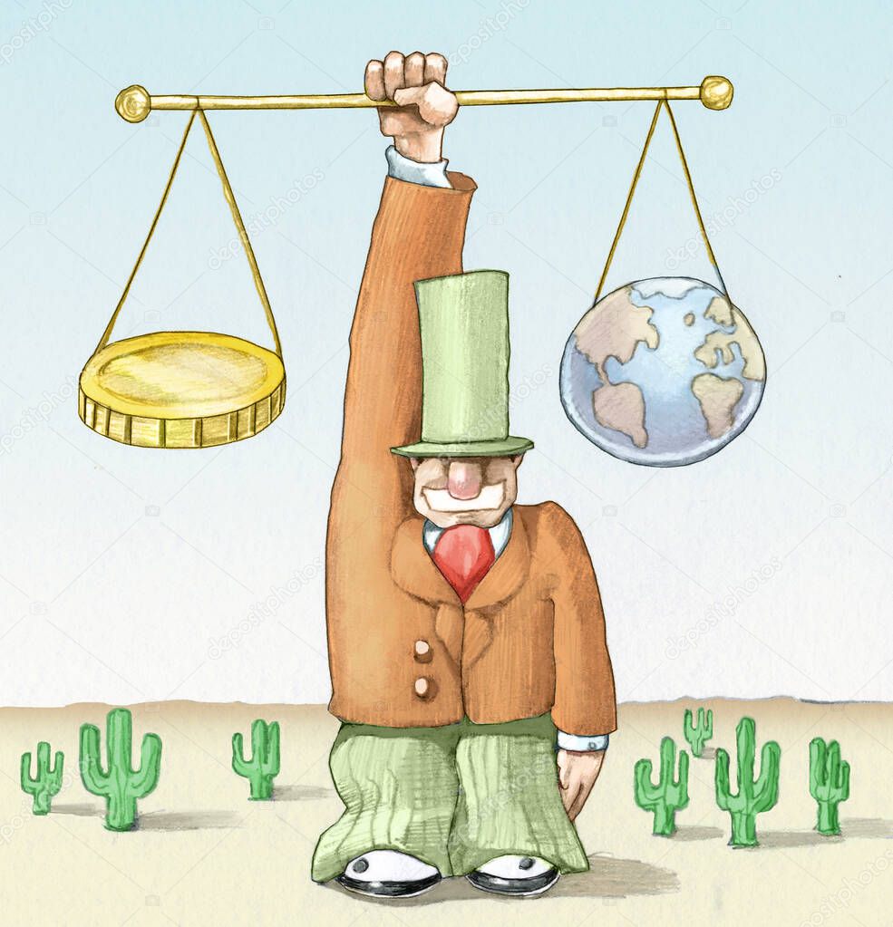 banker holds a balance a scale is a coin the other is the world the desert arround him allegory of the power that money has over the world