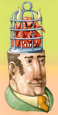 Hafif ifadeli bir adamın kafasında bastırılmış öfke kalemi çiziminin kızgın bir canavar alegorisi vardır.