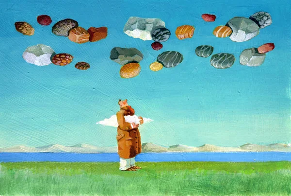 Homme Avec Nuage Regarder Ciel Plein Pierres Illustration Acrylique Surréaliste — Photo