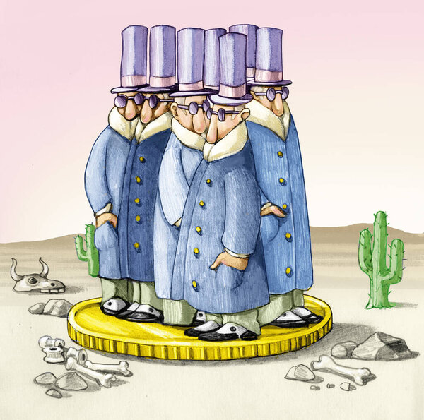 В середине печальной пустыни группа банкиров собирает монету, равнодушную к миру, с метафорой неэтичной экономики.
